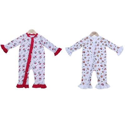 China Cotton Breathable and Comfortable Ruffle Printing Christmas Long Sleeve Washable Baby Overalls Baby Romper for sale