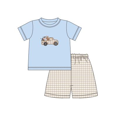 China Boyis Kids Boy Summer Clothes Casual Baby Boy Applique Design Short Sets Matching Grid Cloth Pants for sale