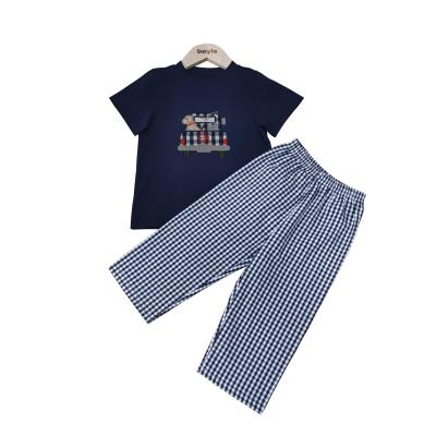 China Fashion\Comfortable\Durable Baby Boy Clothes Hot Sale Navy Kids Sets Woven Cute Cotton Embroidery Dog and Car Boutique Kids Boy Clothing Sets for sale