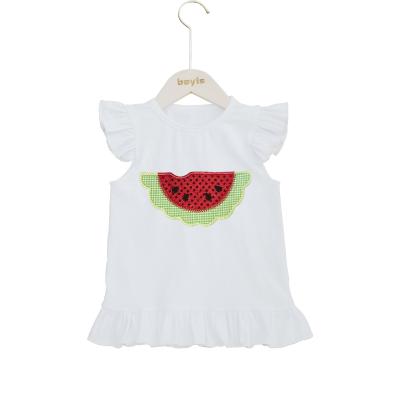 China Custom comfy cotton anti-shrink sleeve T-shirt flutter summer little girls applique watermelon boyis girls top for sale