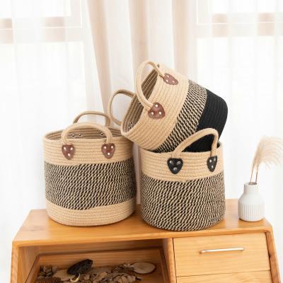 China Creative Sustainable Wholesale Jute Cotton Rope Woven Storage Basket Foldable Portable Drum for sale