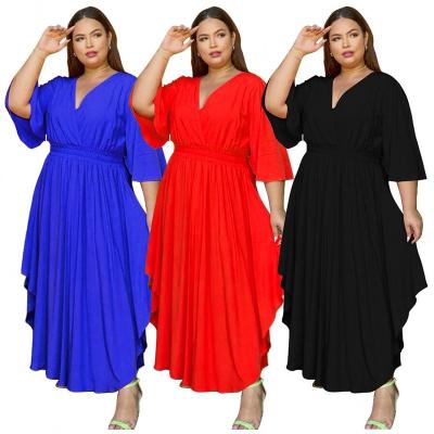 China Women Washable Plus Size Casual Dress Solid Color Flared Sleeve Deep V Neckline Closed Big Size Swing Dress for sale