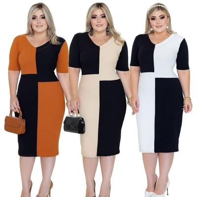 China Breathable Fashion Half Sleeve Plus Size Mid Waist Dress Women's Elegant Color Contrast Splicing Large Size Dress Ladies Office Wear for sale