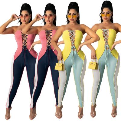 China Viable Fashion Off The Shoulder Jumpsuit Sports Backless One Piece Rompers For Women Tights Street Wear Bandage Hollow Out Overalls for sale