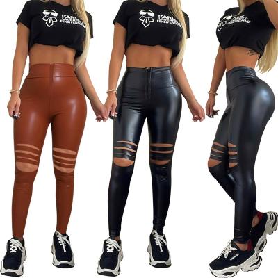 China Wholesale Viable Fitness Clothing Leather Pants Front Zipper Bodycon Women Clothing Sexy Pants Brown High Waisted Sexy Ladies Pants for sale