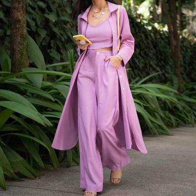 China 2021 Breathable High Quality Casual Long Cardigan Wide Leg Pants Elegant Women Suit High Waist Pants 3 Pieces Set Women for sale