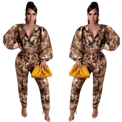 China Waterproof 2 Piece Sets Women With Logo Women Clothes Workout Sets Lady 2 Piece Chiffon Printed Crop Tops Women Mask Jogger Suit for sale