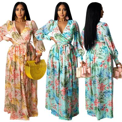 China Wholesale Female Breathable Women's Casual Vintage Dress Vintage Loose Pleated Floral Printing Long Sleeve V-Neck Maxi Dress for sale