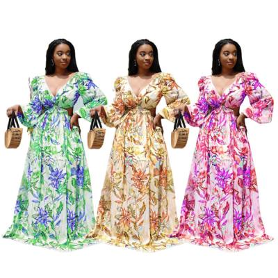 China 2021 New Arrival Breathable Dress Women's Deep V Neck Hollow Out Floral Print Backless Long Sleeve Maxi Casual Dress for sale