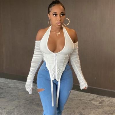 China 2021 New Arrivals Breathable Crop Top Women Ladies Tops Fashion Sexy Ladies Blouses Long Sleeve Lace T-shirt Bodycon Backless Zippers for sale