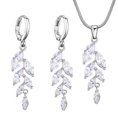 China Fashion Zircon Leaf Environmental Friendly Jewelry Set Luxury Dangle Necklace Drop Earrings For Women Party Wedding Jewelry Best Gift For Love for sale