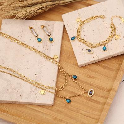 China 2022 Fashion Stainless Steel Jewelry Set INS Eye Necklaces/Earrings/Bracelet Blue Water Drop Environmental Friendly High Quality Necklaces For Women for sale