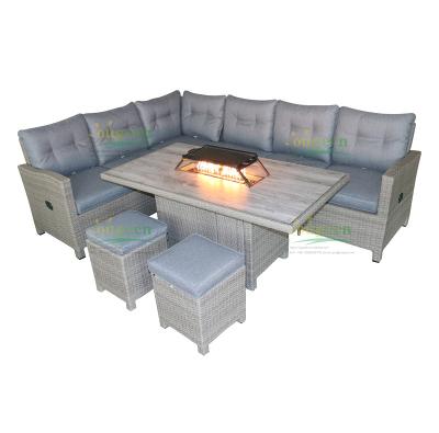 China OG20049 Modern Garden Furniture Rattan Furniture Sofa Set With Reclining Fire Pit Modular Dining Set With Firepit Table for sale