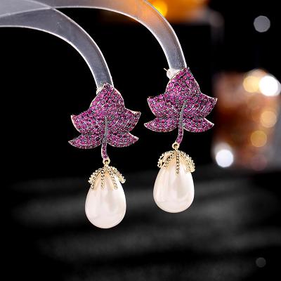 China Fashion Luxury Non Allergic Gold Plated Cubic Zircon Maple Leaf Freshwater Pearl Drop Dangle Earrings for sale