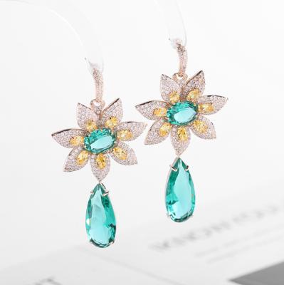 China Non Allergic Wholesale Fine Jewelry 14K Gold Plated Colorful Zircon Flower Water Drop Statement Earrings for sale