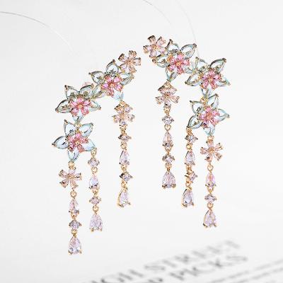 China Zircon Flower Petal Real Non Allergic Colorful 925 Long Tassel Drop Earrings Silver for sale