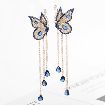 China Non Allergic High Level Ethnic Style Zircon Crystal Butterfly Long Tassel Drop Earrings Luxury for sale