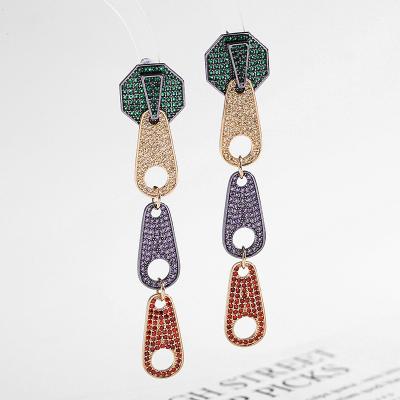 China Non Allergic Handmade Color Zircon 18K Gold Plated Zipper Shape Long Drop Dangle Earrings for sale