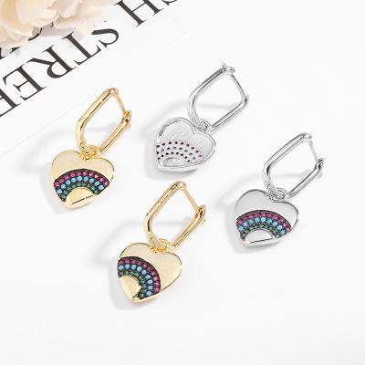 China Fashion Non Allergic Earrings Trend 2021 Cute Gold Plated Zircon Rainbow Heart Drop Circle Earrings For Girls for sale