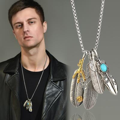 China Wholesale Hiphop Mens Titanium Steel Chain Necklace Hip Hop Eagle Claw Leaf Feather Pendant for sale