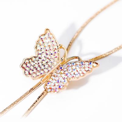 China Gold Plated Rhinestone Butterfly Necklace Long Chain Necklace Gold Plated With Butterfly Tassel Pendant for sale