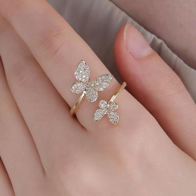 China Non Allergic Korean Trendy Fashion Adjustable Shiny Zircon Two Butterfly Index Finger Rings For Ladies for sale