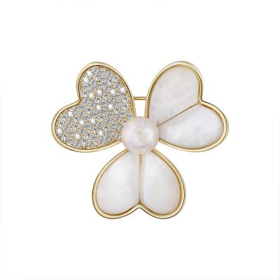 China Safety Pin Brooch Three-leaf Flower Freshwater Pearl Shell Zircon Gold Plated Pin Brooch Costume Accessories for sale