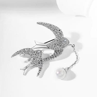 China Double Safety Pin Brooch Fashion Jewelry White Gold Plated Zircon Swallow Bird Brooch for sale