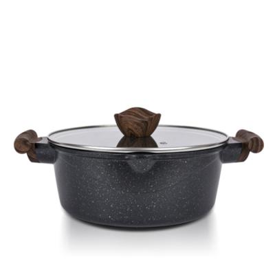 China Sustainable 24 Cm Forged Aluminum Alloy Pots Black Marble Stone Liner Non Stick Casserole With Natural Glass Lid for sale