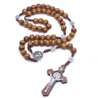 China Europe Catholic Rosary Beads Necklace Handcrafted Wooden Cross Necklace Religious Jewelry for sale