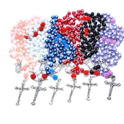 China Europe Wedding Pray First Cross Christian Catholic Rosaries Rose Flower Pearl Rosary Necklace Communion Baptism Party for sale