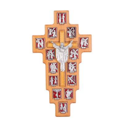 China Baptism Religious Catholic Wooden Wall Europe Crucifix Figurine Statue Cross Christening First Communion Prayer Wedding Gift for sale