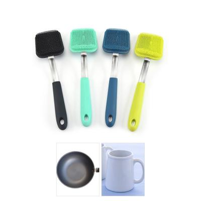 China Sustainable Silicone Pot Cleaner Pan Brush Long Handle Hangable Tool Household Brush for sale