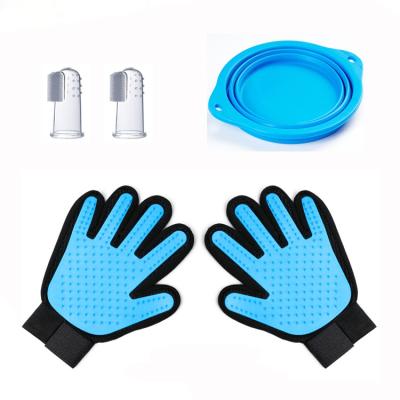 China Hot Sale Pet Stocked Combination Feeding Collapsible Bowl Folded Container Set With Cleaning Gloves And Healthy Tooth Brush for sale