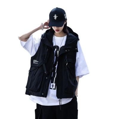 China Custom Logo Black Multiple Pockets Sleeveless Breathable Cargo Hooded Vest For Women for sale