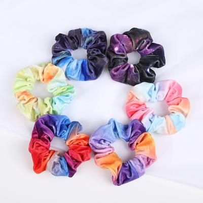 China Fluorescent Scrunchies Fashionable Women Tie Dye Ponytail Holder Hair Ties Velvet Scrunchies Elastic Hair Bands for sale