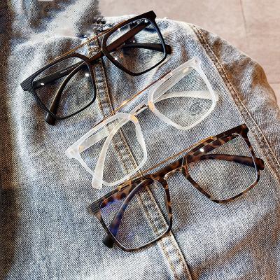 China Personality Double Beam Large Square Light Blue Light Glass Frame TR90 Reading Glass Frame Retro Anti Myopia Wooden Frame for sale