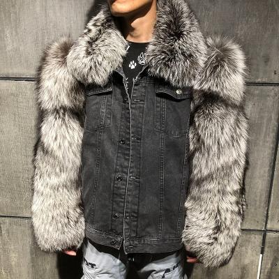 China Breathable 2022 New Design Denim Jacket With Real Fox Fur Men's Fur Sleeve Men's Coats for sale