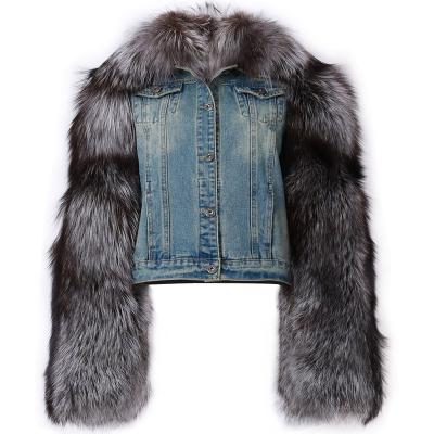 China Ladies Anti Shrink Plus Size Coat Women Real Fox Fur Sleeve Denim Jacket for sale