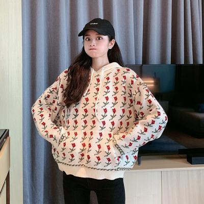 China Breathable Korean Flower Korean Lazy Soft Small Sweater Long Hooded Jacquard Pocket Kangaroo Sleeve Sweater Women Wear for sale