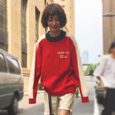 China Anti-pilling Embroidery Spliced ​​Hip Hop Couple Round Neck Long Sleeve Winter Knit Sweater Women CASUAL for sale