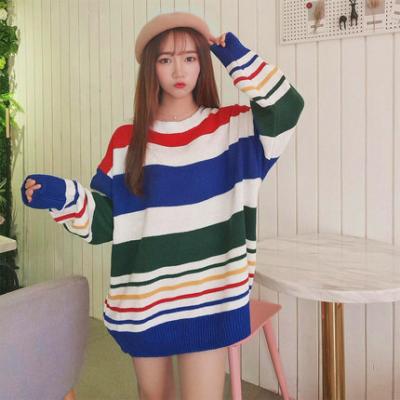 China European And American Style Rainbow Stripe Breathable Long Sleeve Sweater With Striped Pattern And Soft Sweaters Women for sale