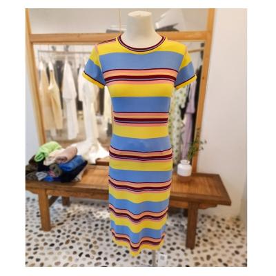 China New Custom Rainbow+Summer Temperament Stripes Ice Silk Long Mid Slim Basic Korean Breathable Silk Knitted Dress for sale