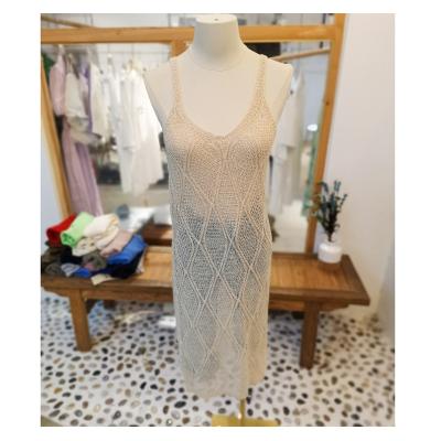 China Hollow-out Elegant Breathable High Waist Suspender Dress Gold Milk Loose Yarn Silk Knitted Dress For Women for sale