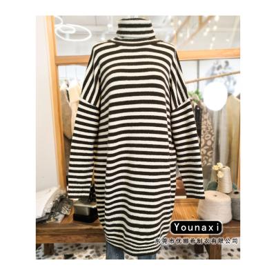 China Simple Customized Wholesale Breathable High Lapel Collar High Lapel Winter Knitted Sweater Padded Dress Simple Black And White Striped Mid Length Knitted Sweater Dress for sale