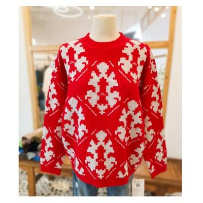 China Customized Breathable Christmas Red All-match Round Collar Mix Colors Winter Warm Loose Pullover Knitted Pure Cashmere Sweater Women for sale