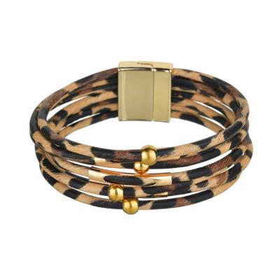 China Factory Wholesale TRENDY PU Leather Bangle Gold Metal Magnet Multilayer Bracelet For Women Leopard Bangle for sale