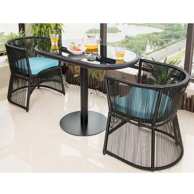 China 3pcs Garden Plastic Rattan Coffee Table Hand Woven Outdoor Black Rattan Wicker Furniture Waterproof UV Resistant Anticorrosive With Seats for sale