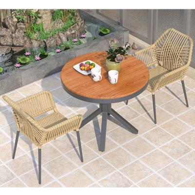 China Modern 3 Pieces Outdoor Aluminum Cafe Table With Wood Like Top Cafe Chairs And Outdoor 90cm Round Tables for sale