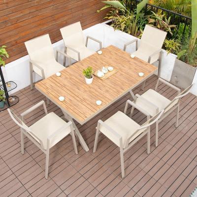 China UV Resistant Waterproof Anticorrosive Outdoor Patio Garden Bistro Teslin Fabric Beige Dining Table Sets Plastic 6pcs Chairs Outdoor Restaurant Chair for sale